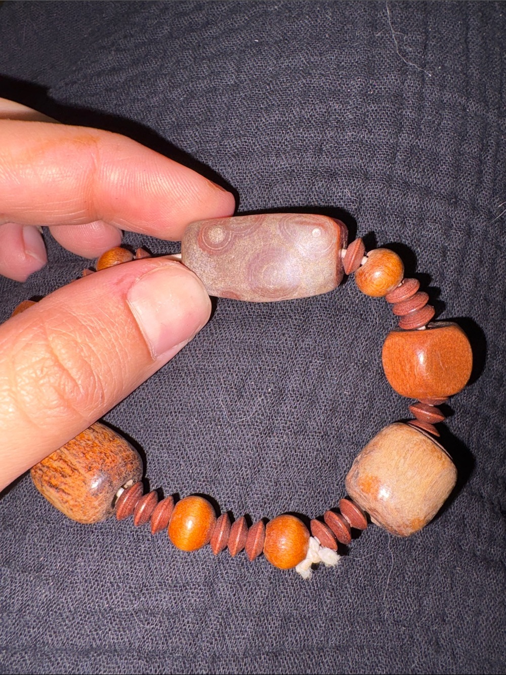5-Natural Brown Wooden Bead Stretch Bracelet with Tibetan Dzi agate bead